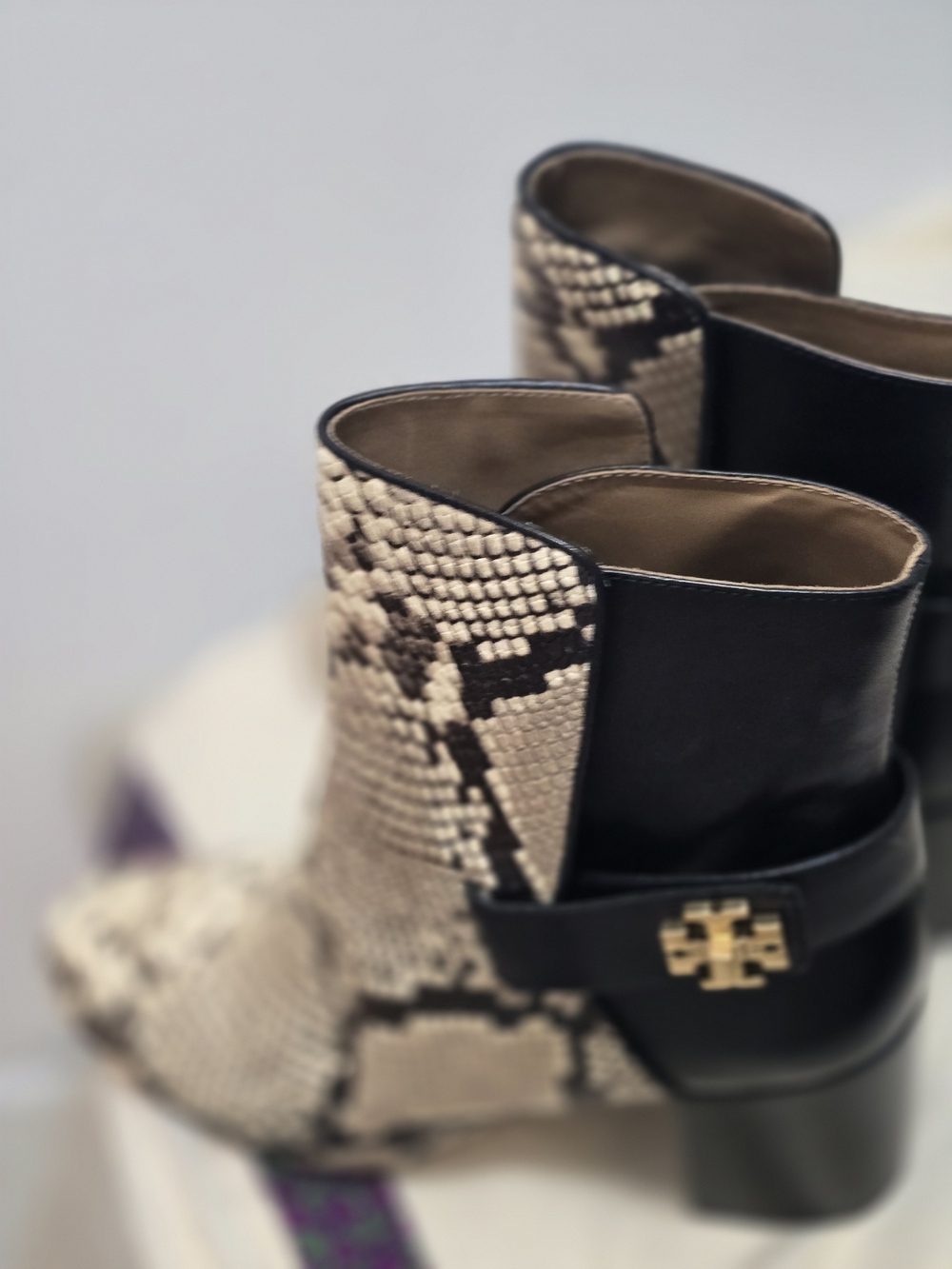 Tory Burch Black Leather and Beige Snake-Print Ankle Boots
